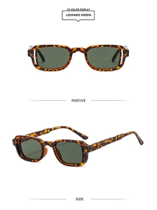 Detail of leopard print rectangle sunglasses with dark green lenses from two perspectives