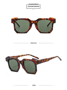 Detailed front and side view of leopard brown geometric sunglasses with green lenses