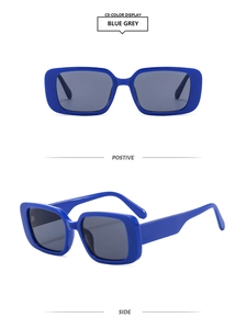 Detail view of rectangular blue sunglasses with grey lenses from front and side angles