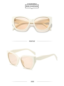 Vues détaillées de face et de côté de lunettes de soleil œil-de-chat beige aux verres champagne
