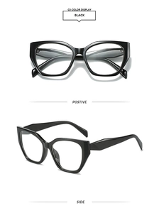 Vues de face et de côté des lunettes de soleil œil-de-chat géométriques noires polies