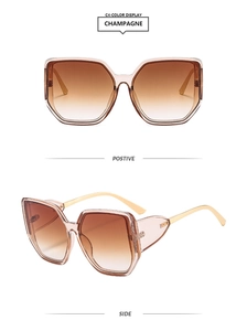 Front and side view of square champagne sunglasses with gradient lenses and metal arms