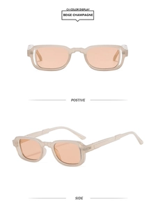 Front and side view of square beige champagne sunglasses with unique layered temples