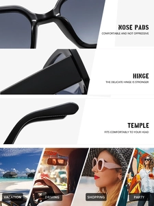 Detail view of nose pads, hinges, and temples on square frame sunglasses for daily activities
