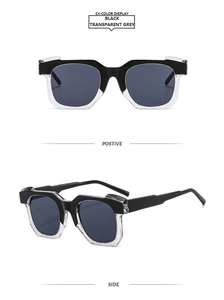 Front and side views of square irregular sunglasses in black and transparent grey