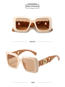 Détails de lunettes carrées beige avec verres dégradés champagne et branches ajourées
