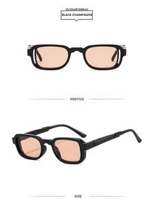 Detail of square sunglasses with black frame and champagne lenses from multiple angles