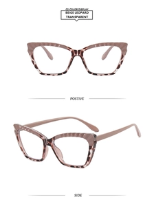 Detail view of beige leopard cat eye TR90 glasses frames from front and side angles
