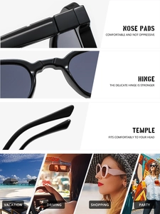 Detail view of reinforced metal hinges and ergonomic temples on black square sunglasses