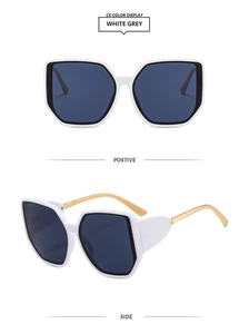 Front and side view of square oversized sunglasses with white frames and gold metal temples