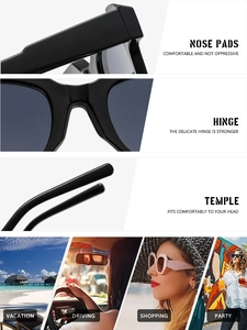 Detail view of reinforced metal hinges and integrated nose pads on square sunglasses