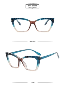 Detailed views of cat-eye TR90 frames in blue-brown gradient with wavy top texture