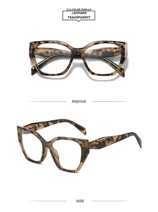 Détail de lunettes de soleil géométriques léopard avec vues de face et de profil