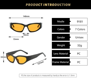 Spécifications détaillées de taille pour lunettes de soleil ovales noires et oranges