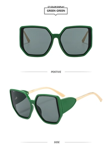 Close-up of green square oversized sunglasses with gold metal temples and grey lenses