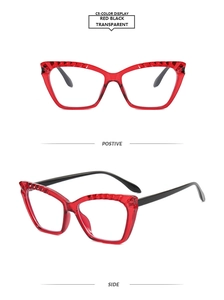 Detail view of cat eye glasses showing geometric cut texture on red transparent frames
