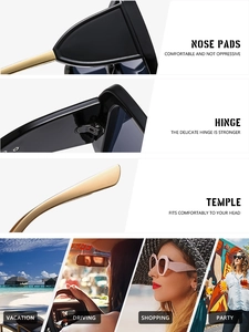 Detail view of square sunglasses with sturdy gold hinges and diverse lifestyle scenes