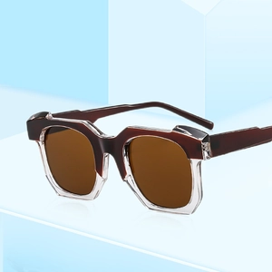 Modern irregular square sunglasses with brown lenses and bicolor frames on blue background