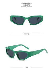Vues de face et de profil de lunettes de soleil sport œil-de-chat vertes et grises