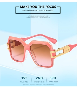 Detail of square sunglasses with translucent pink frames and gold cut-out temples