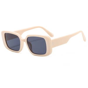 Retro square frame sunglasses in cream beige with dark grey lenses on white background