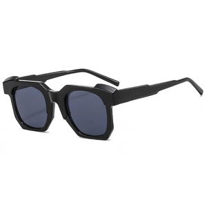 Fashionable thick square frame geometric sunglasses with dark grey lenses and wide temples