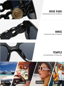 Détails des lunettes de soleil carrées avec décor rose dorée et plaquettes de nez lisses