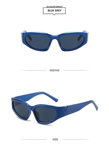 Vues détaillées de lunettes de soleil sportives à monture bleue et verres gris
