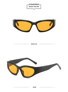 Vue détaillée de face et de profil de lunettes de sport noires avec verres jaunes vifs