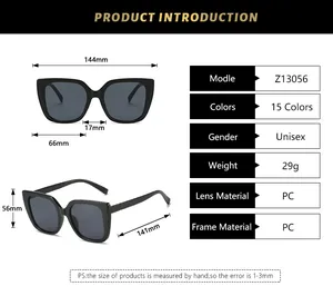 Detailed size chart for unisex square frame sunglasses with precise measurements