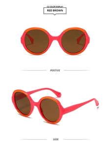 Vue détaillée des lunettes de soleil rondes bicolores rouge brun et orange avec verres