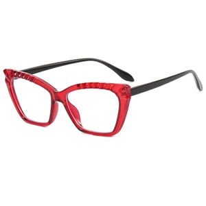 Chic cat eye glasses with red geometric translucent frame and black temples