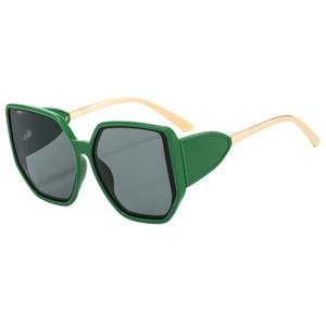 Fashionable oversized green geometric sunglasses with gold metal temples and grey lenses