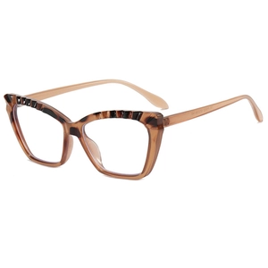 Cat-eye TR90 eyeglasses frame in tea amber with leopard pattern accents at 45-degree angle