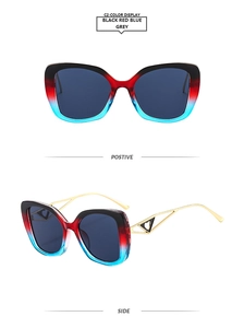 Front and side view of Y2K square sunglasses with gradient frames and gold metal temples