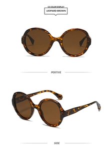 Vue détaillée de lunettes de soleil rondes léopard avec verres bruns, de face et de profil
