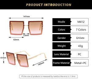 Detailed size specifications and dimensions for these square oversized fashion sunglasses