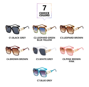 Detailed grid of luxury square sunglasses with hollow gold metal temples in seven colors