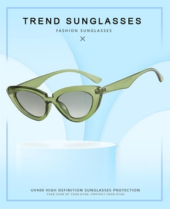 Nahaufnahme der grünen Cat-Eye-Sonnenbrille mit UV400-Schutz und Verlaufsgläsern