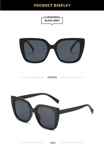 Front and side view of trendy black square frame sunglasses with dark grey tinted lenses