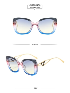 Detail of square gradient lenses and hollow metal temples with heart and triangle motifs