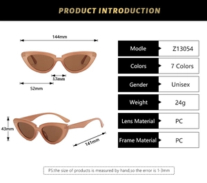 Detaillierte Größenangaben für Vintage-Cat-Eye-Sonnenbrillen Modell Z13054 mit PC-Rahmen