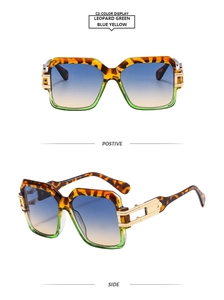 Detail view of square frame sunglasses with leopard green finish and blue-yellow gradient lenses