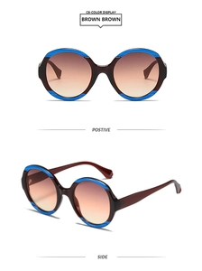Détail de lunettes de soleil rondes avec monture marron foncé et accents bleu rayé