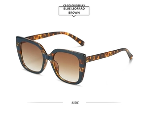 Macro view of blue leopard and brown square sunglasses frame with gradient lenses