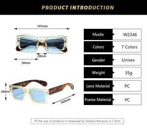 Detailed size specifications and parameters for square frame unisex sunglasses model W2346