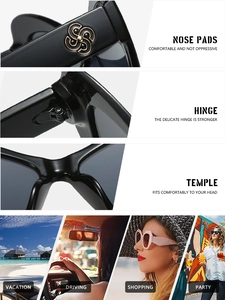 Detail of gold floral hinge and scenes of candy-colored cat-eye sunglasses being worn