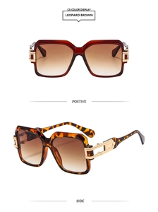 Detail view of square leopard print sunglasses with gold metal hinge and gradient lenses