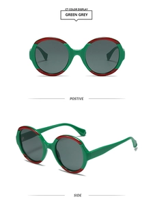 Vues de face et de profil de lunettes de soleil rondes vertes avec rayures rouges