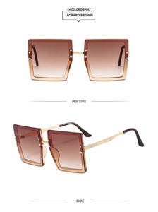 Detail of leopard brown square sunglasses with gold metal temples and gradient lenses